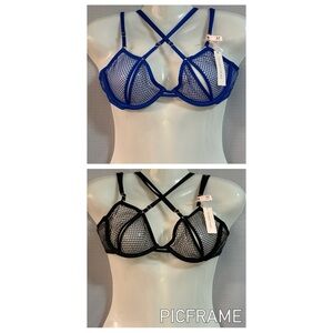 VICTORIAS SECRET DEMI UNLINED BLACK AND BLUE BRA BUNDLE (2) MESH CUT OUT SIZE M